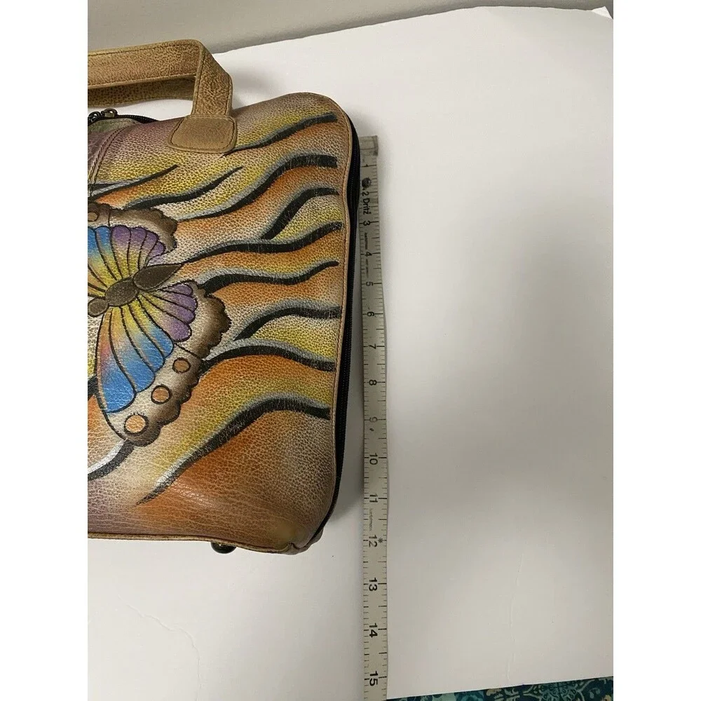 Anuschka Handpainted Leather Zip around HandBag Butterfly  Floral Print